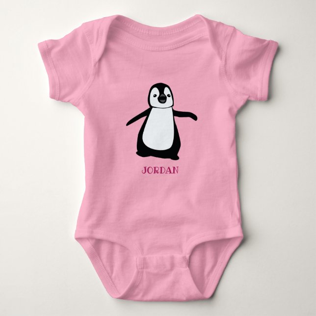 Personalised cute penguin illustration pink baby bodysuit (Front)