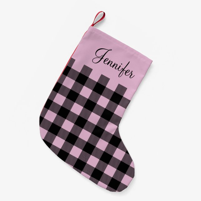 Personalised Cute Pink Buffalo Plaid  Small Christmas Stocking (Front (Hanging))
