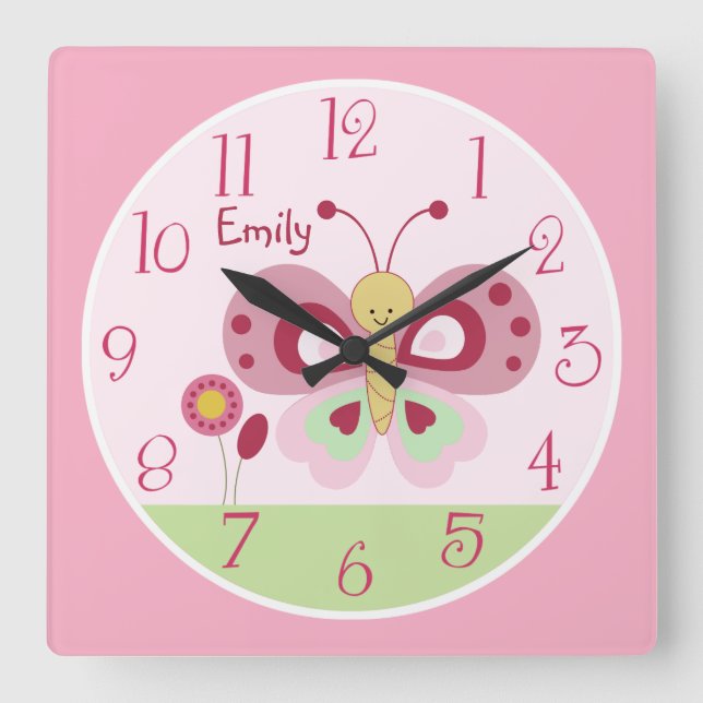 Personalised Cute Pink Butterfly Nursery Clock (Front)