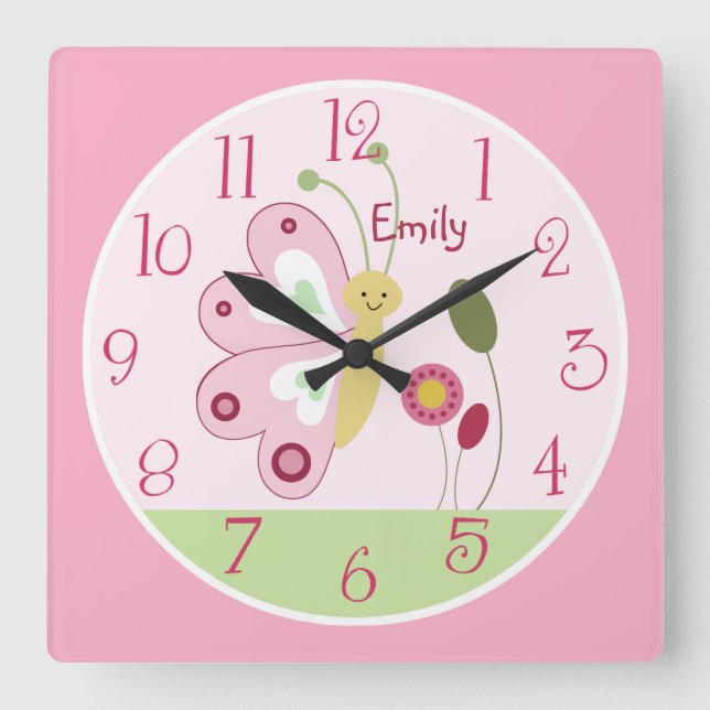 Personalised Cute Pink Butterfly Nursery Clock (Front)