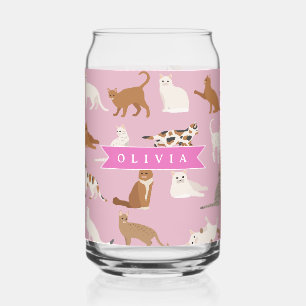 Personalised Cute Pink Cat Pattern Gift Cat Lover Can Glass