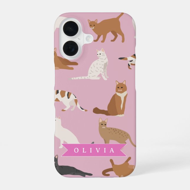 Personalised Cute Pink Cat Pattern Gift Cat Lover iPhone 16 Case (Back)