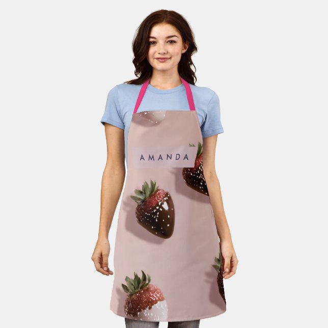 Personalised Cute Pink Chocolate-dipped Strawberry Apron (Worn)