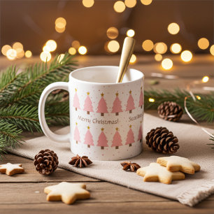 Personalised Cute Pink Christmas Trees, Gold Stars Coffee Mug
