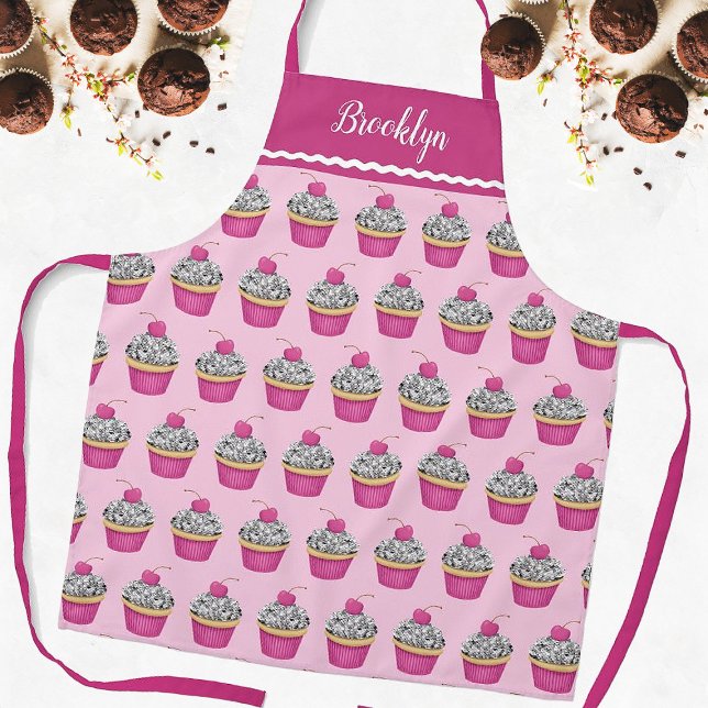Personalised Cute Pink Cupcake Pattern Apron (A pretty pink cupcake pattern with silver glitter and a cherry on top. So cute!)