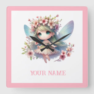 Personalised cute Pink Fairy & Floral Wreath Square Wall Clock