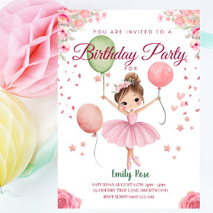 Personalised Cute Pink Floral Ballerina Birthday  Invitation