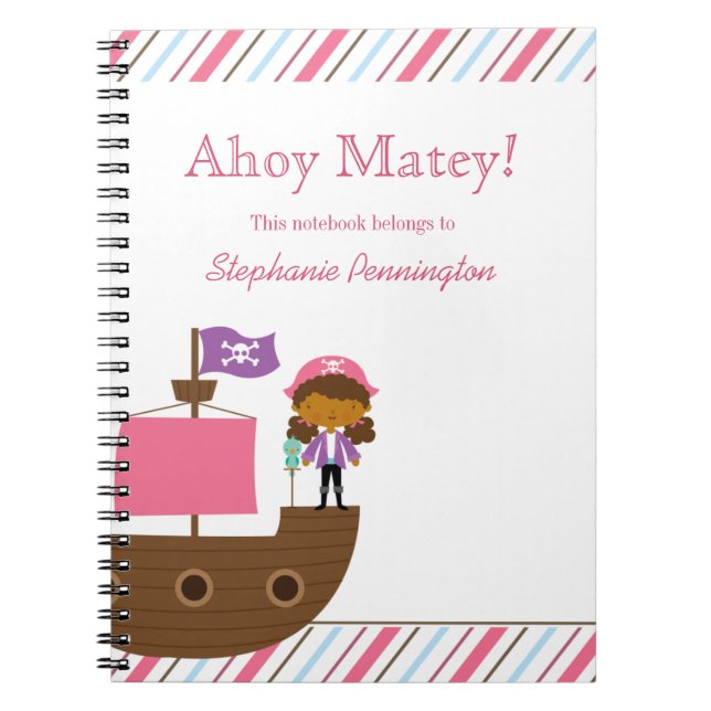 Personalised cute pink girl's pirate notebook (Front)