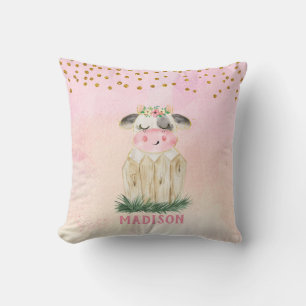 Personalised Cute Pink Gold Cow Throw Pillow