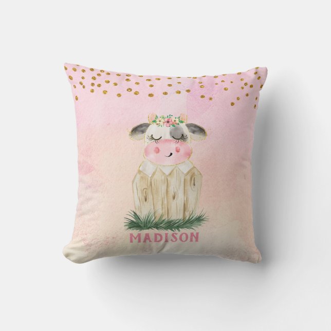 Personalised Cute Pink Gold Cow Throw Pillow (Front)