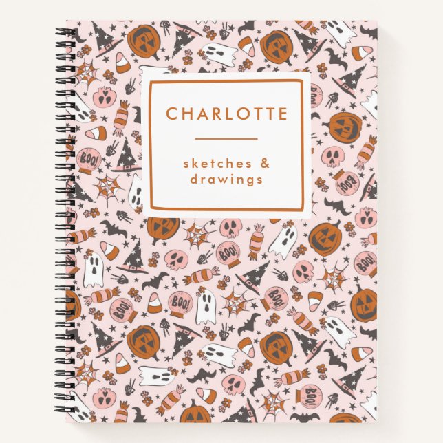 Personalised Cute Pink Halloween Ghosts Pumpkins Notebook (Front)