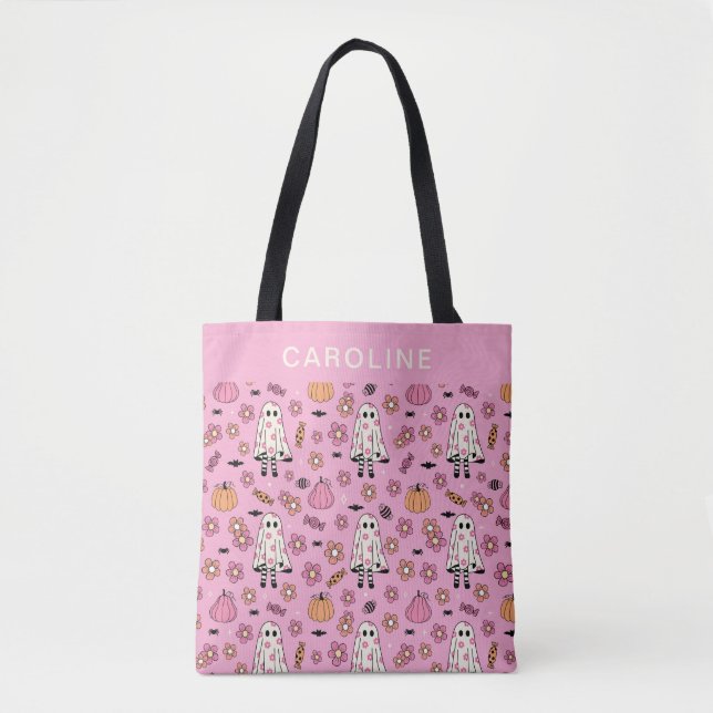 Personalised Cute Pink Halloween Ghosts Retro  Tote Bag (Front)