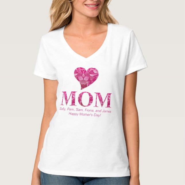 Personalised Cute Pink Heart MOM Floral Lettering T-Shirt (Front)