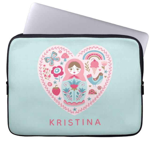 Personalised Cute Pink Heart Nesting Doll Laptop Sleeve (Front)