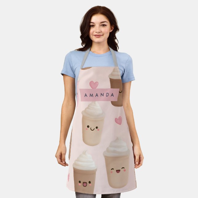Personalised Cute Pink Kawaii Coffee Cup Apron (Worn)