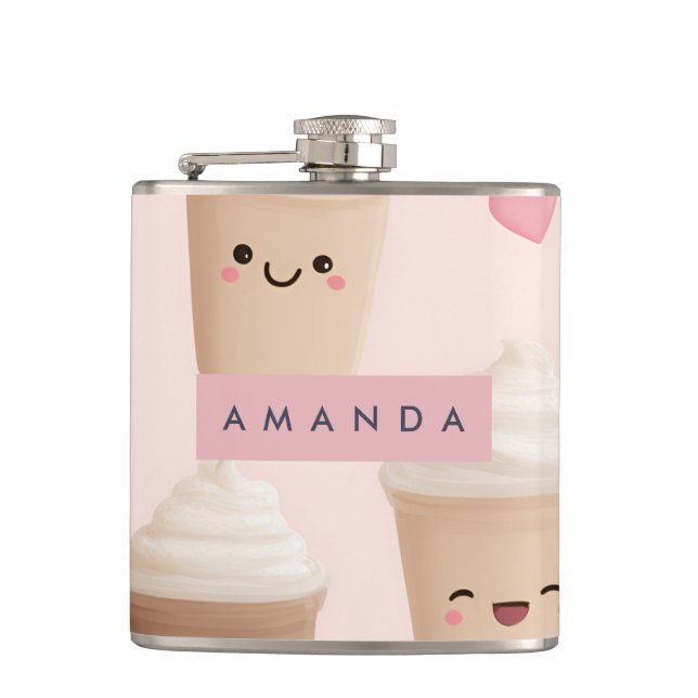 Personalised Cute Pink Kawaii Coffee Cup Hip Flask (Front)