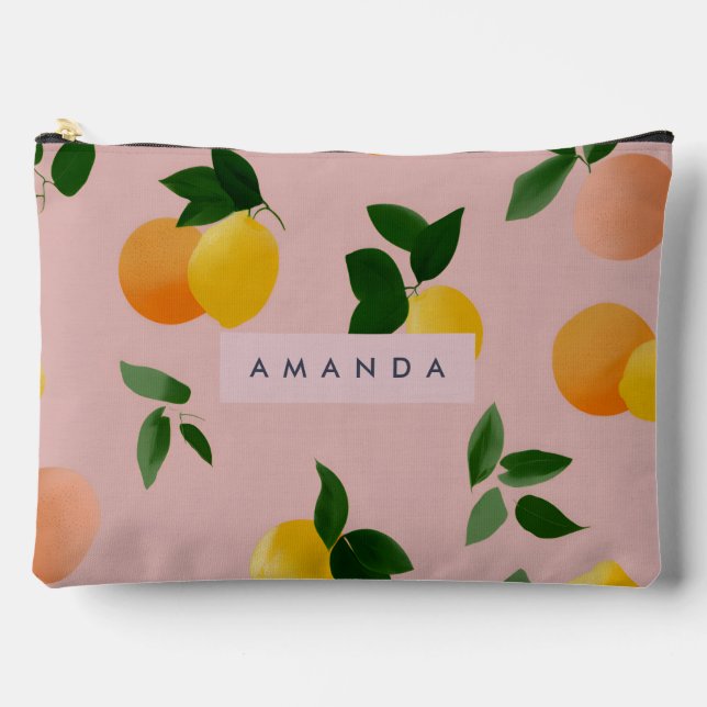 Personalised Cute Pink Lemon Orange Fruits Accessory Pouch (Front)