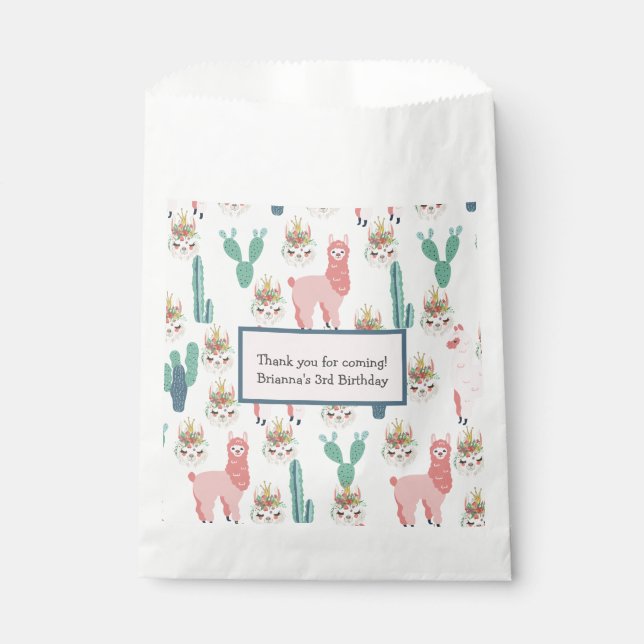 Personalised Cute Pink Llama's and Green Cactus  Favour Bags (Front)