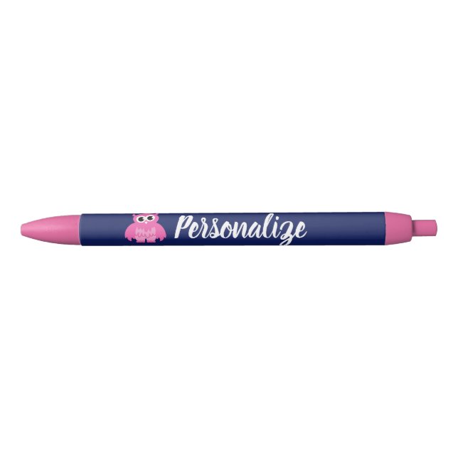 Personalised cute pink owl bird girl's writing blue ink pen (Front)