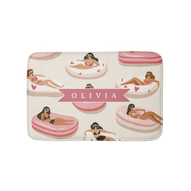 Personalised Cute Pink Pool Float Summer Aesthetic Bath Mat (Front)