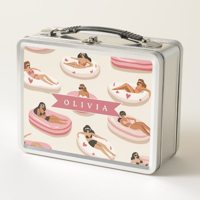 Personalised Cute Pink Pool Float Summer Aesthetic Metal Lunch Box (Front)