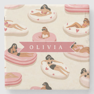 Personalised Cute Pink Pool Float Summer Aesthetic Stone Coaster