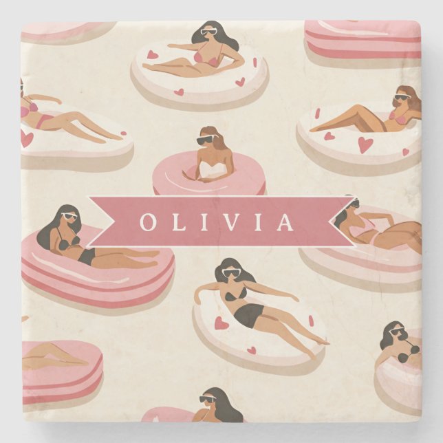 Personalised Cute Pink Pool Float Summer Aesthetic Stone Coaster (Front)