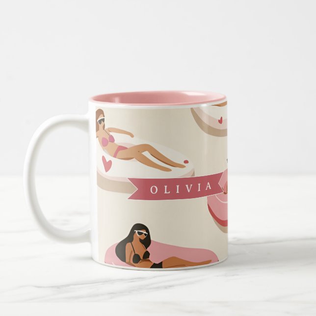 Personalised Cute Pink Pool Float Summer Aesthetic Two-Tone Coffee Mug (Left)
