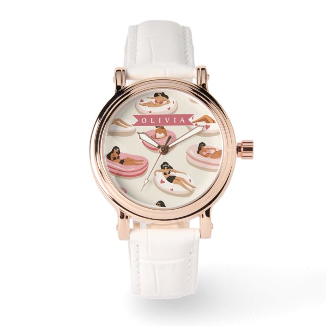Personalised Cute Pink Pool Float Summer Aesthetic Watch (Front)