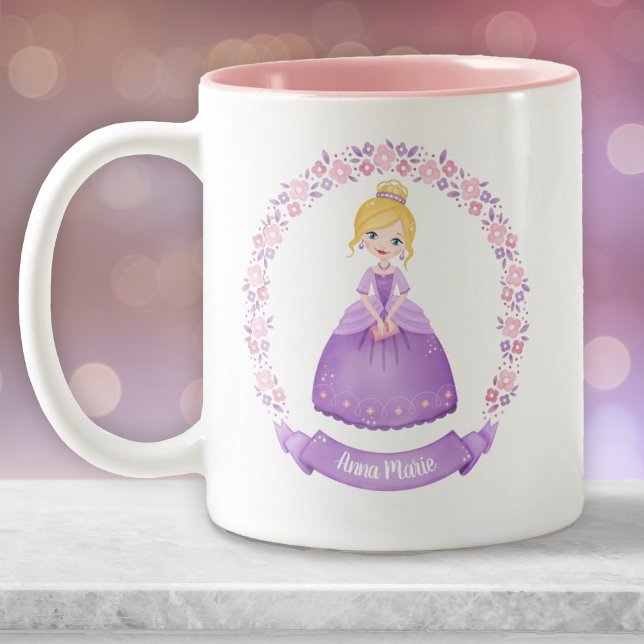Personalised Cute Pink Purple Princess Two-Tone Coffee Mug (A cute purple princess mug. Personalize it with your girls name.)