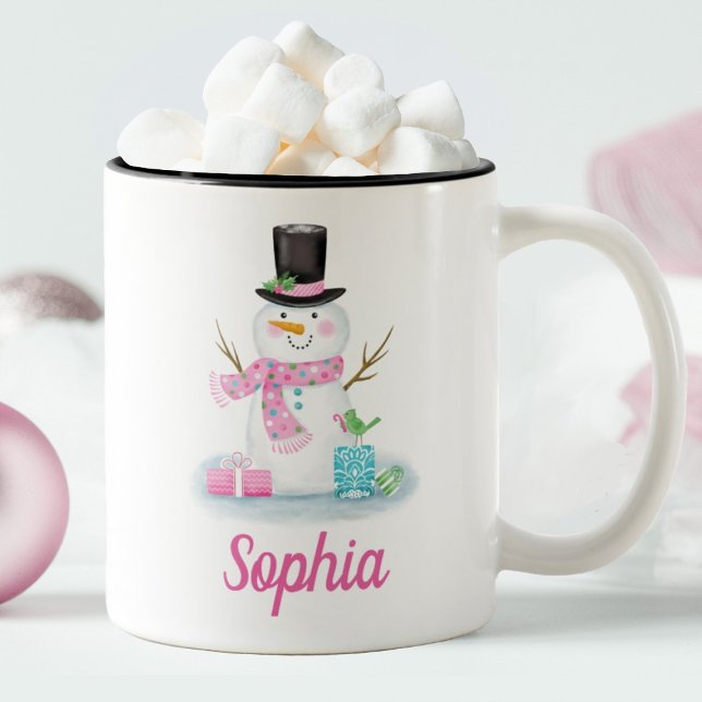 Personalised Cute Pink Snowman Two-Tone Coffee Mug (Personalize this cute pink snowman mug with your name. So fun for christmas!)