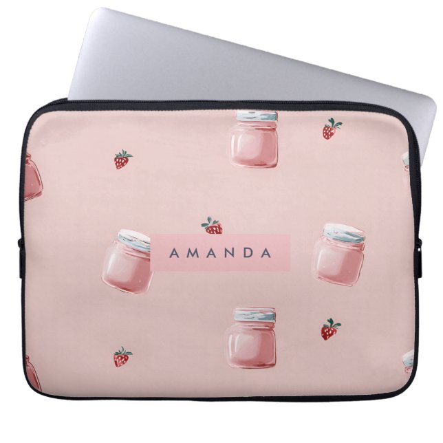 Personalised Cute Pink Strawberry Jar Pattern Laptop Sleeve (Front)