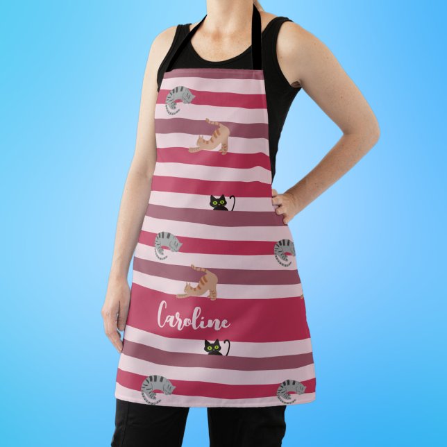 Personalised Cute Pink Stripes for Cat Lovers Apron (Creator Uploaded)