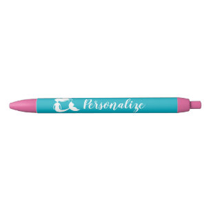 Personalised cute pink & turquoise mermaid girl's blue ink pen