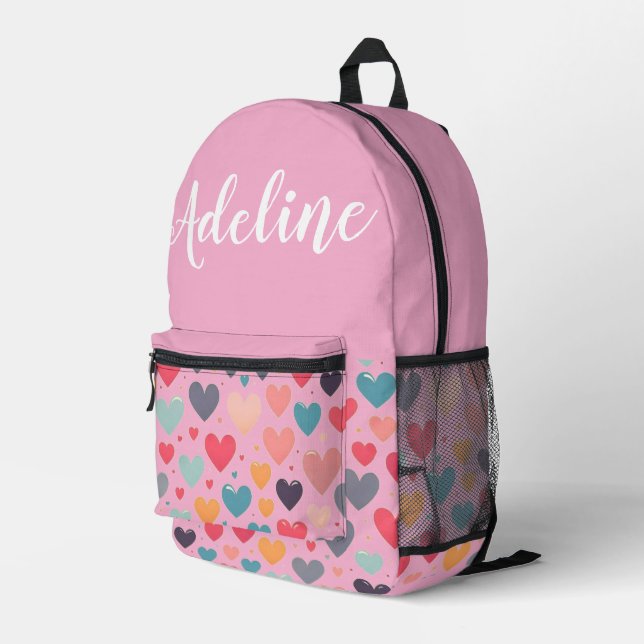 Personalised cute pink with colourful hearts printed backpack (Back Corner Right)