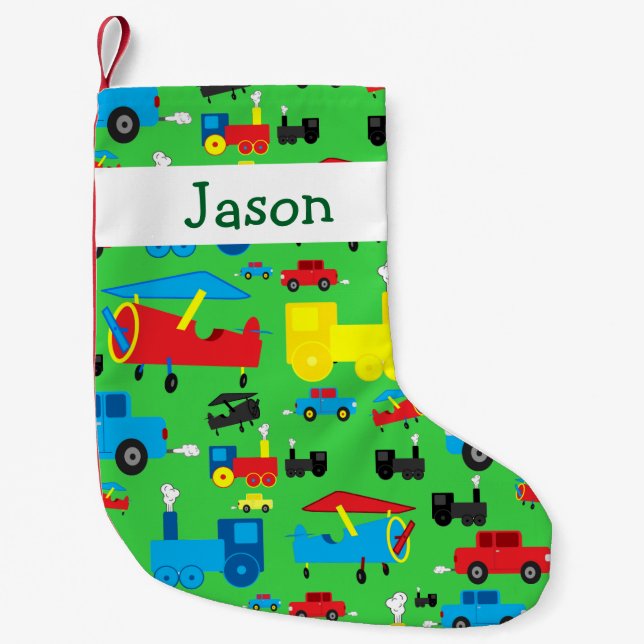 Personalised Cute Planes, Trains and Cars Pattern Small Christmas Stocking (Front)