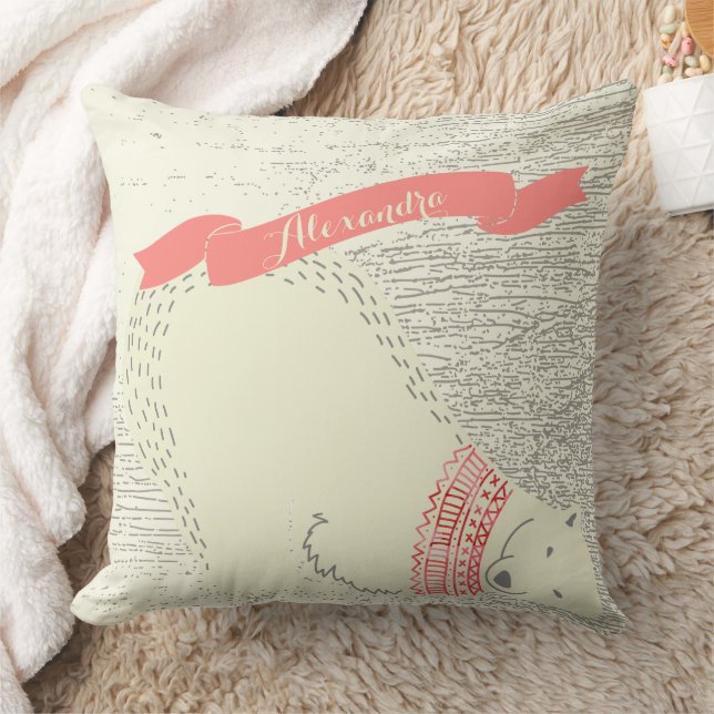 Personalised Cute Polar Bear Apricot Banner Cushion (Blanket)