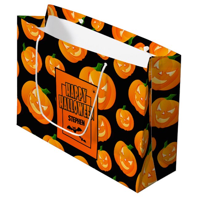 Personalised | Cute Pumpkin & Bat Happy Halloween Large Gift Bag (Front Angled)