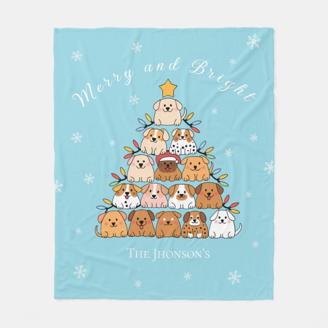 Personalised cute puppies Christmas tree dog lover Fleece Blanket (Front)