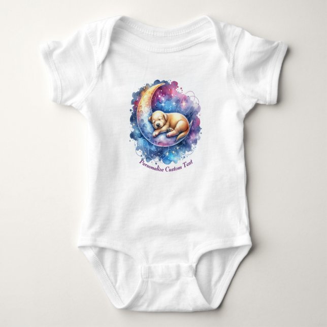 Personalised Cute Puppy Dog Sleeping on Moon Baby Bodysuit (Front)
