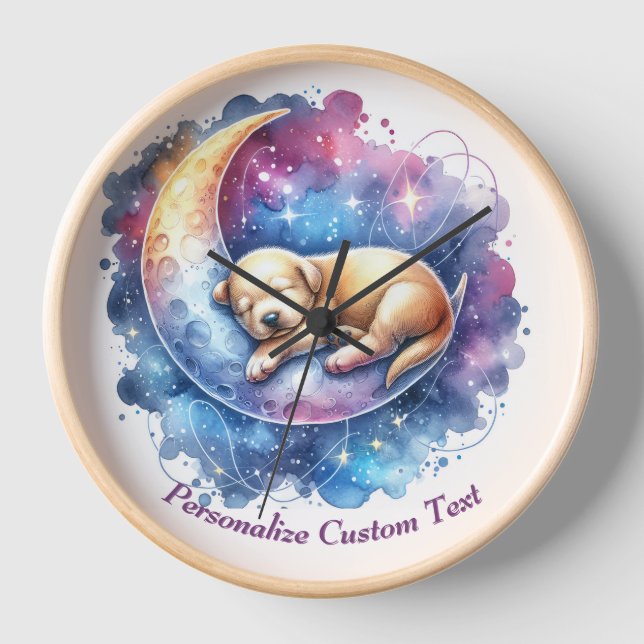 Personalised Cute Puppy Dog Sleeping on Moon Clock (Front)