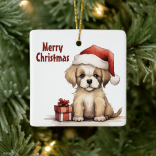 Personalised Cute Puppy with Santa Hat Christmas Ceramic Ornament