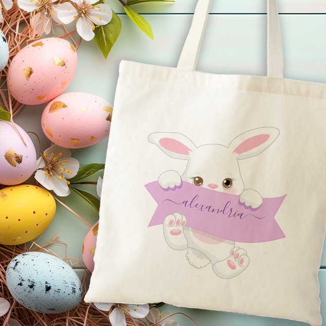 Personalised Cute Purple Ribbon Easter Bunny Girl Tote Bag (Personalized Cute Purple Ribbon Easter Bunny Girl Tote Bag)