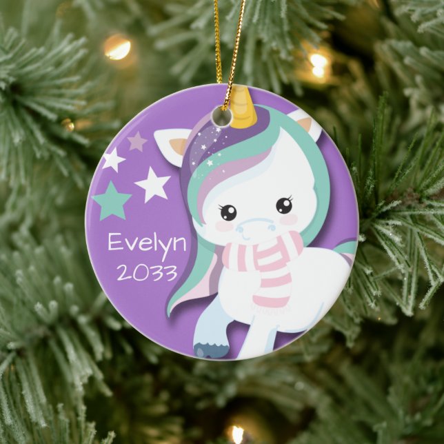 Personalised Cute Purple Unicorn  Ceramic Tree Decoration (Tree)