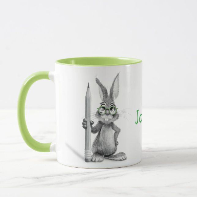 Personalised Cute Rabbit Mug with Green Handle (Left)