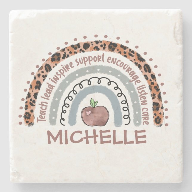 Personalised Cute Rainbow Teacher | Custom Name Stone Coaster (Front)
