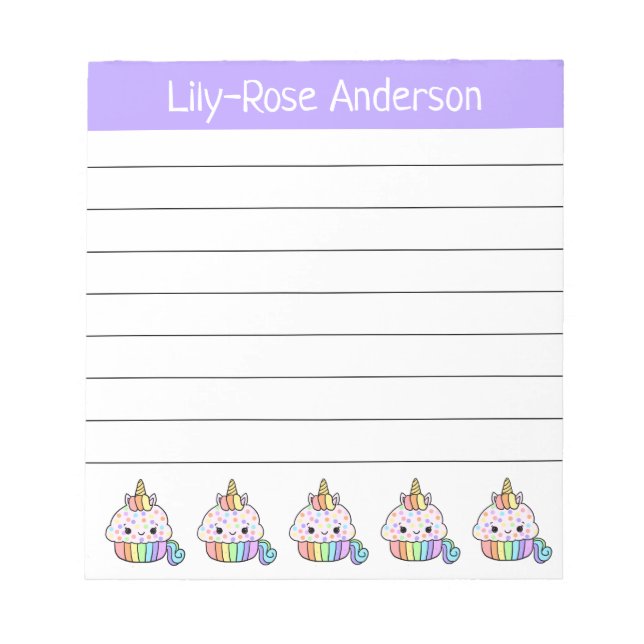 Personalised Cute Rainbow Unicorn Cupcakes Notepad (Front)