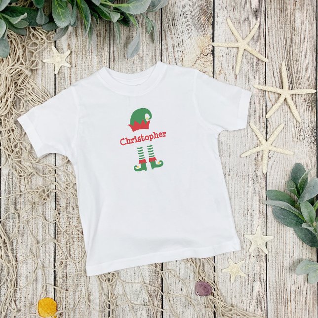 Personalised Cute Red Green Elf Christmas Holiday  Toddler T-Shirt (Personalized Monogrammed Christmas Elf Toddler, Baby T-shirt. Available in many kids sizes)