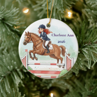 Personalised Cute Red Hair Girl Horse Jumping Ceramic Tree Decoration