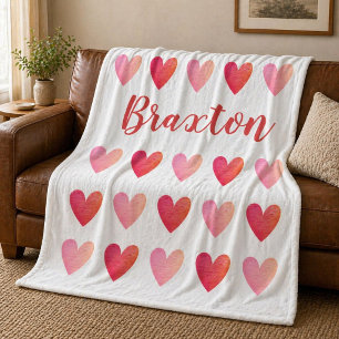 Personalised Cute Red Pink Hearts Valentines Day Fleece Blanket